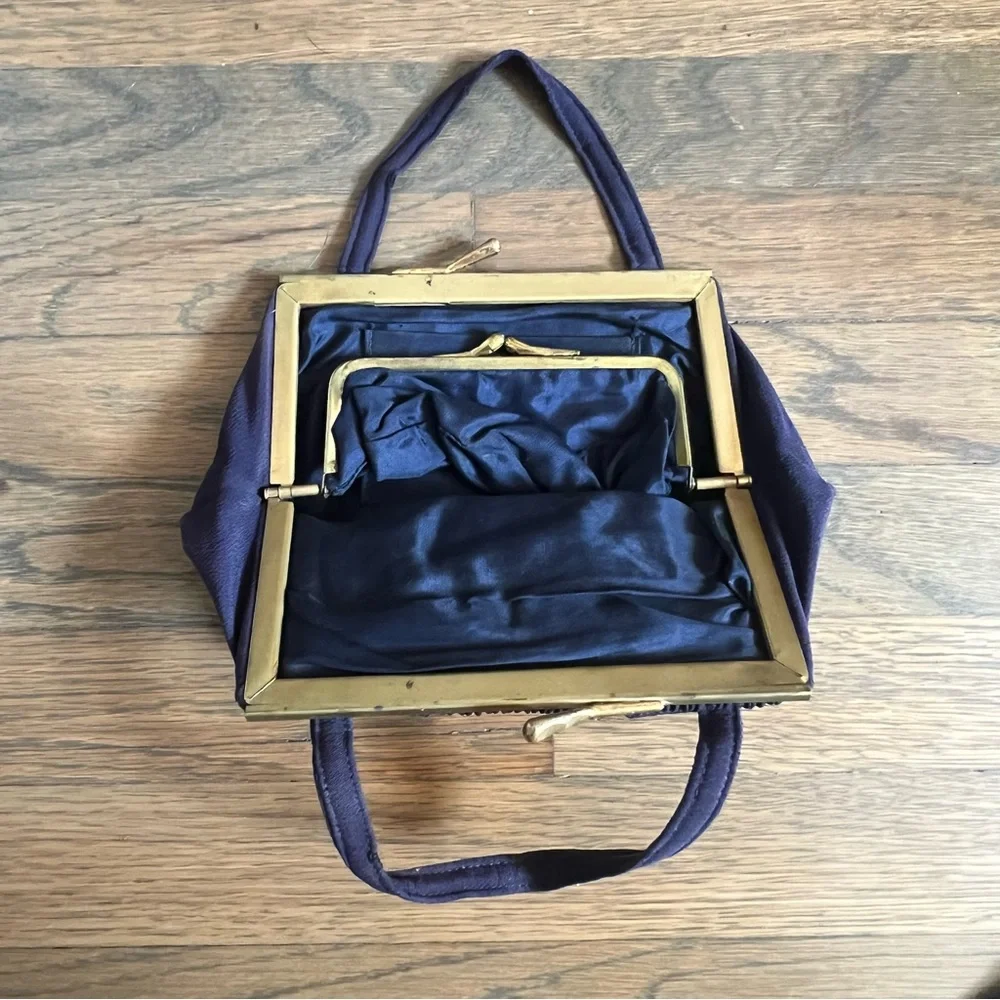 Vintage Blue Pleated Wristlet Clutch with Gold Frame